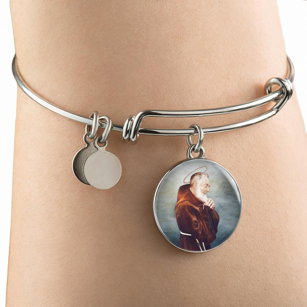 St. Pio Charm Bangle Bracelet in Surgical Steel
